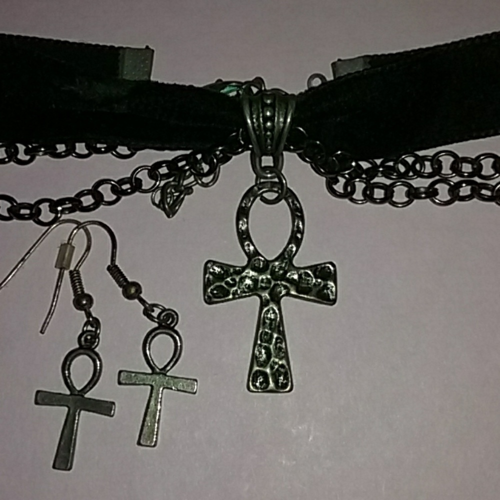 Egyptian Cross Ankh Choker and Earrings Set